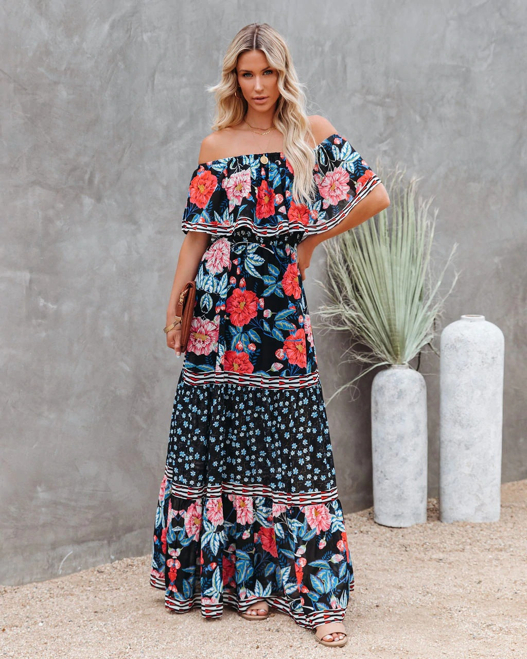 Women's Off-Shoulder Maxi Dress with Floral Design and Voluminous Sleeves Ivyshape
