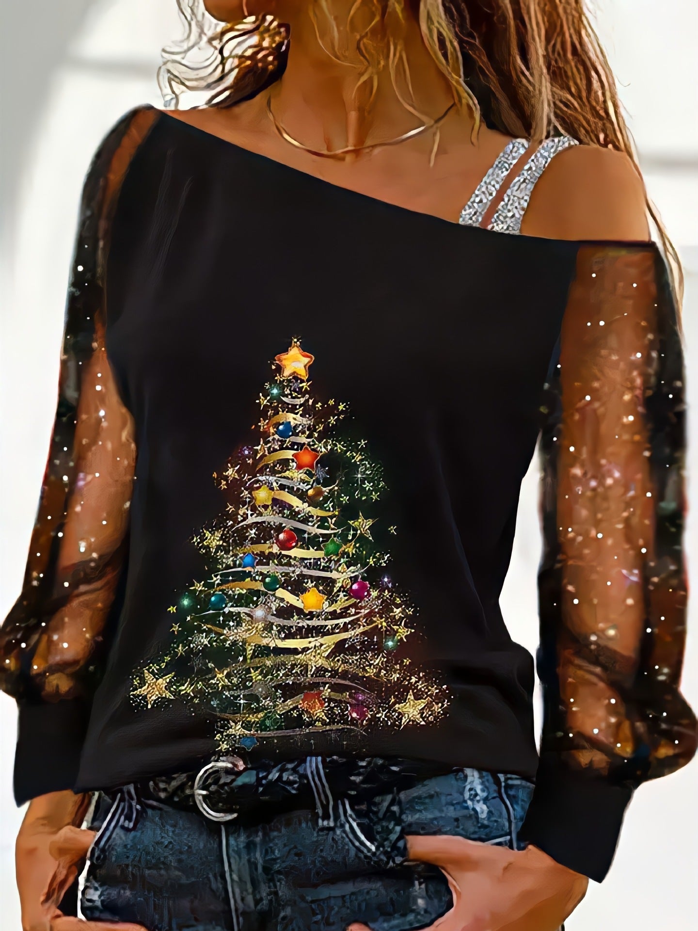 Women's Off-Shoulder Top with Transparent Sleeves and Sparkling Details Ivyshape