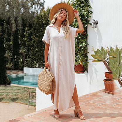 Women’s Maxi Shirt Dress with Side Slit and Elegant Collar Ivyshape