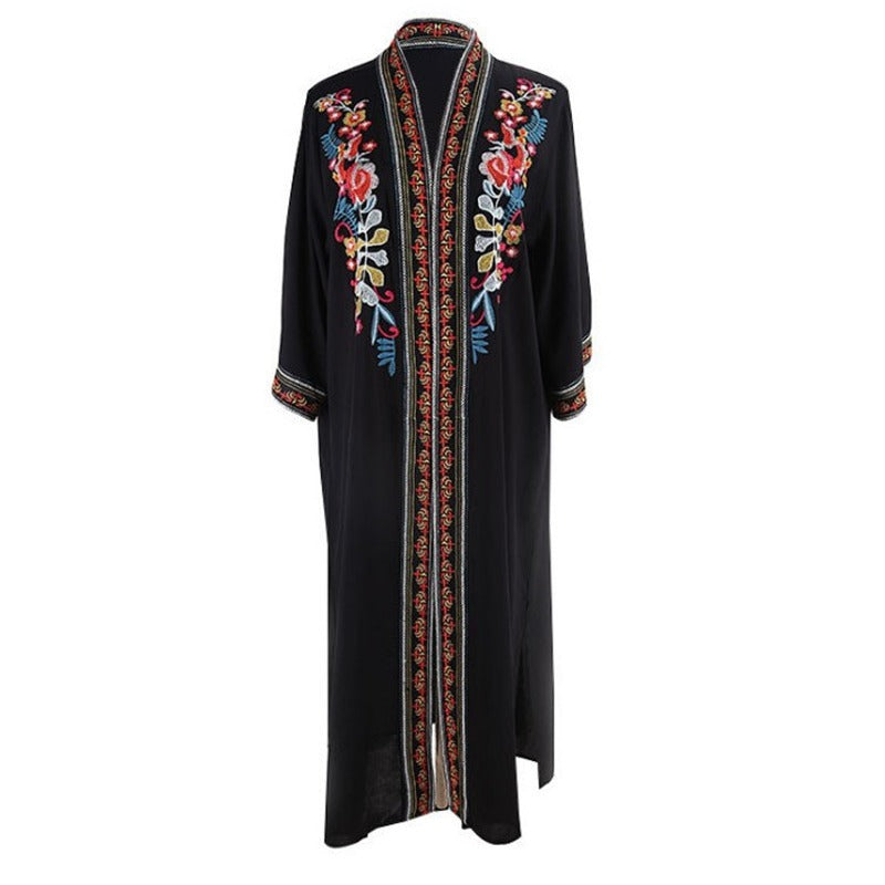 Ladies elegant beach kimono with colorful embroideries and loose silhouette Ivyshape