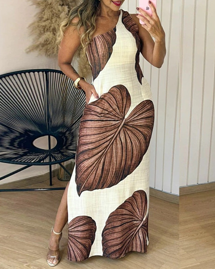 Ladies max dress with exciting leaf pattern and side slit Ivyshape