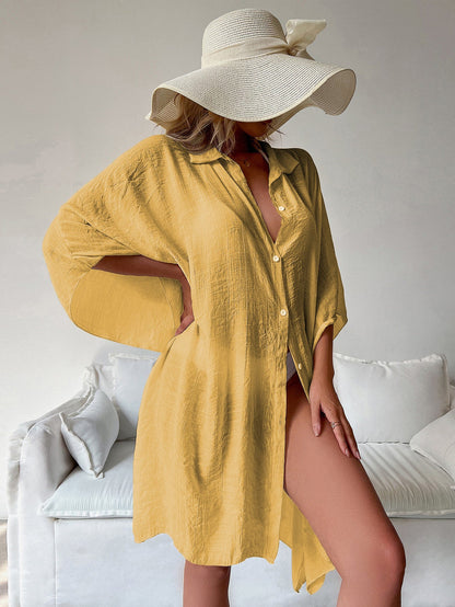 Ladies airy beach cover-up with elegant cut and buttoned design Ivyshape
