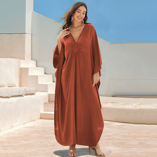 Women's bright summer maxidress with elegant V-neck and flowing silhouette Ivyshape