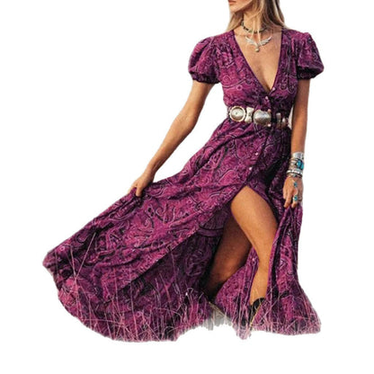 Ladies Maxidress with elegant puff sleeves and refined slit Ivyshape