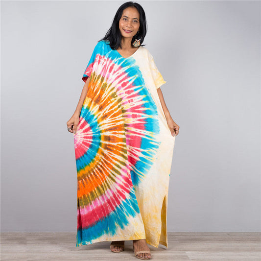 Women’s maxi dress in a colorful style with a V-neck and side slits Ivyshape