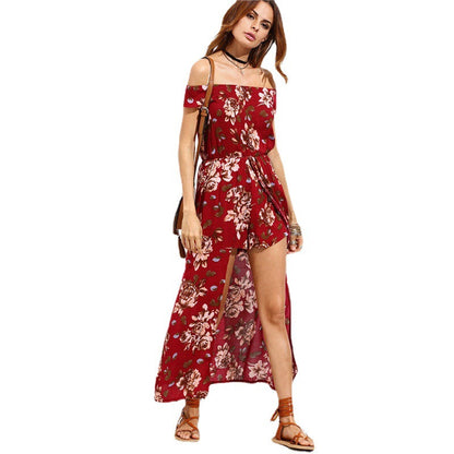 Ladies Off-Shoulder Maxi Dress with Floral Design and High Slit Ivyshape