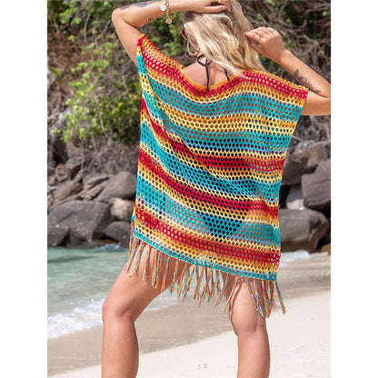 Ladies Net Beach Cover-Up with Colorful Fringe Ivyshape