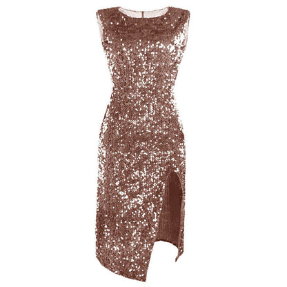 Women's Shiny Sequin Midi Dress with Side Slit Ivyshape