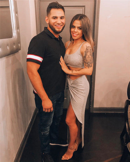 Ladies casual two-piece set with high slit and crop top Ivyshape