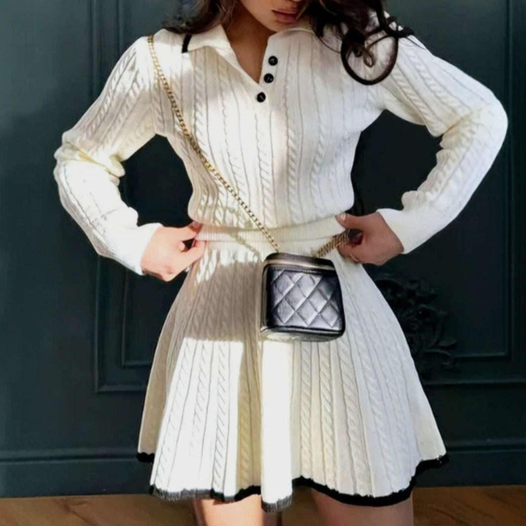 Women's knitted dress with textured cable pattern and polo collar Ivyshape