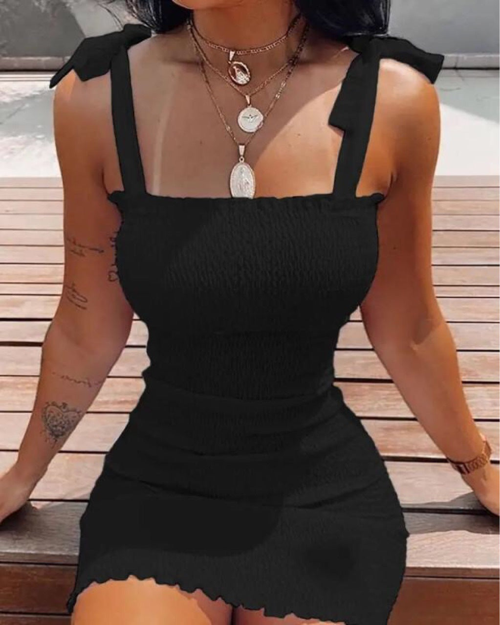 Ladies Mini Dress with Ruffle and Adjustable Straps Ivyshape