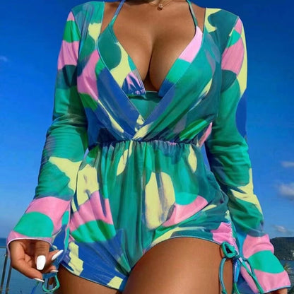 Women's beach dress with deep V-neck and long sleeves Ivyshape