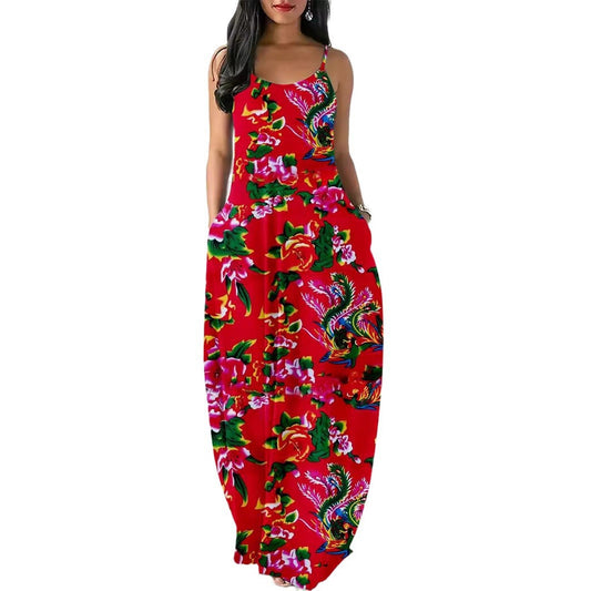 Ladies Floral Print Maxi Dress with Pockets Ivyshape