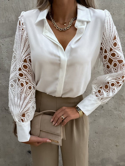Women's blouse with transparent lace elements and fashionable puff sleeves Ivyshape