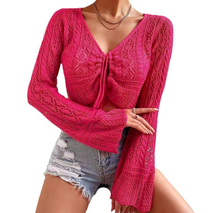 Women airy crochet blouse with deep V-neck and wide flared sleeves Ivyshape