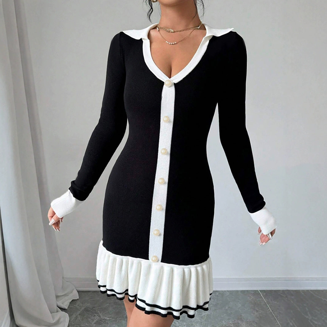 Women's knitted dress with collar and pleats Ivyshape