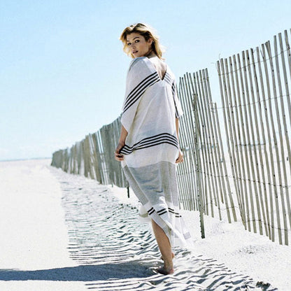 Women elegant beach kimono with stripe pattern and deep V-neck Ivyshape