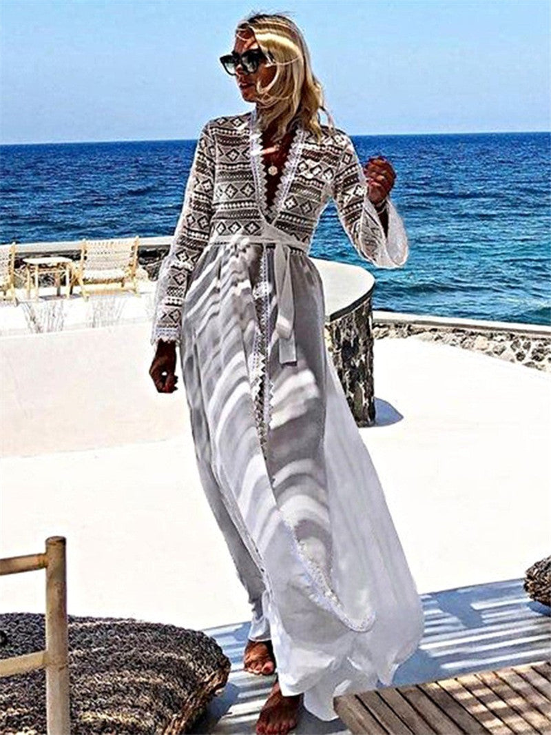 Women elegant crochet beach robe with romantic lace accents Ivyshape