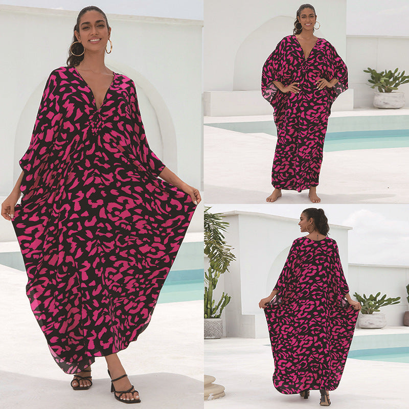 Women's Kaftan Dress with Elegant V-Neck and Wide Swinging Sleeves Ivyshape