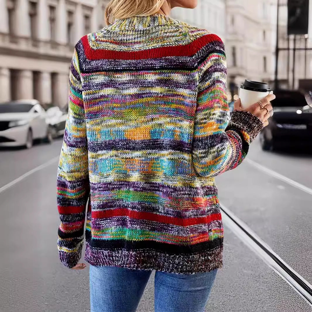 Ladies fashionable knitted cardigan with colorful stripe pattern and open fronts Ivyshape