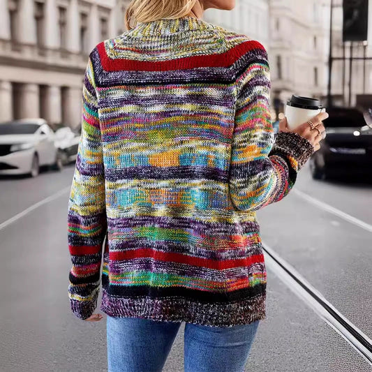 Ladies fashionable knitted cardigan with colorful stripe pattern and open fronts Ivyshape