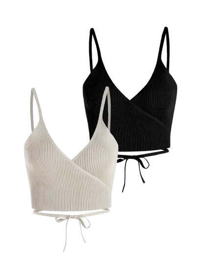 Ladies cropped interface top with V-neck and tie belt Ivyshape