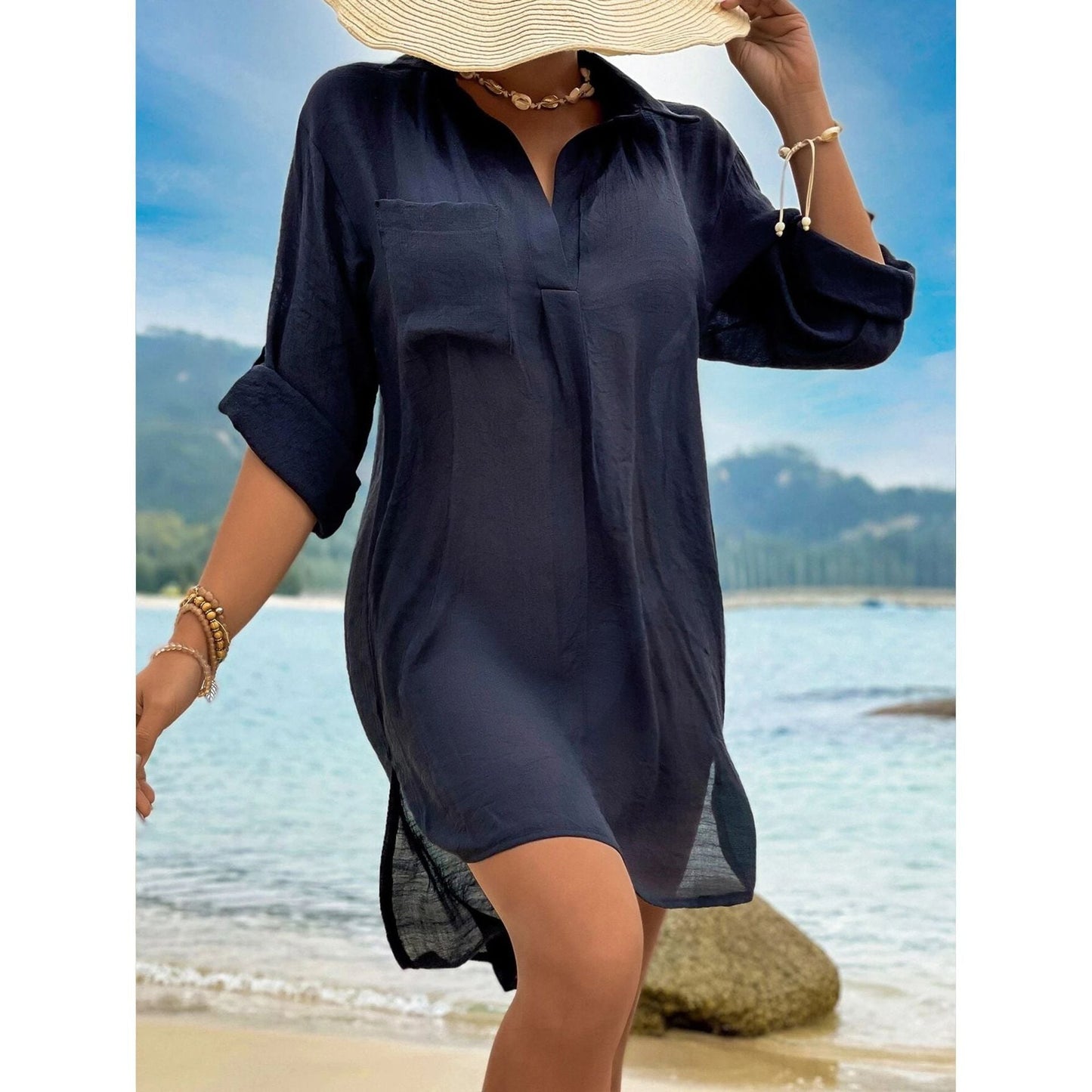 Women's long-sleeved blouse with modern shirt collar and chest pocket Ivyshape