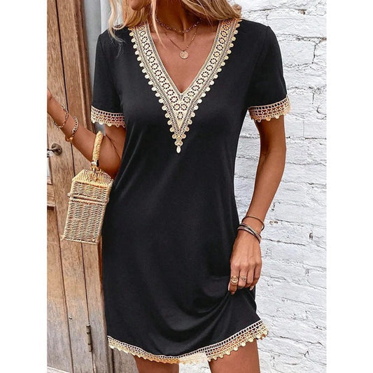 Women V-neck dress with lace embellishments Ivyshape