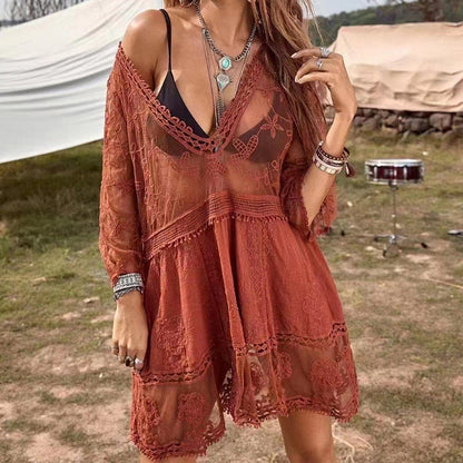 Women's Transparent Beach Tunic with Artistic Embroidery and Elegant V-Neck Ivyshape