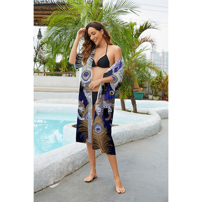 Ladies luxurious beach robe with animal pattern Ivyshape