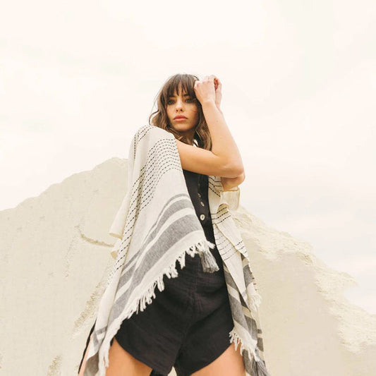 Women's Woven Beach Poncho with Fringed Accents Ivyshape