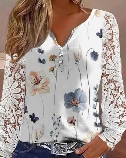 Ladies blouse with floral lace sleeve Ivyshape