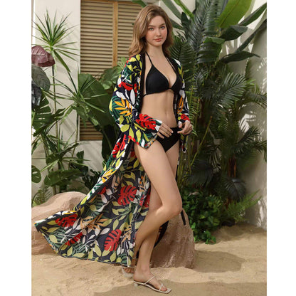 Women's elegant beach kimono with floral pattern and voluminous sleeves Ivyshape