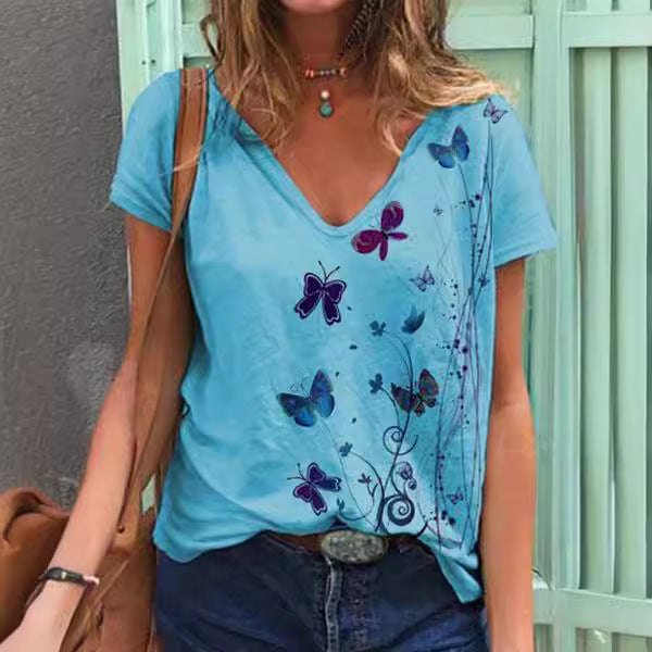 Women V-neck Butterfly Print T-shirt Ivyshape