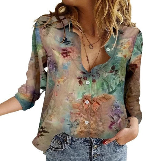 Women's Sheer Blouse with Floral Pattern and Button Placket Ivyshape