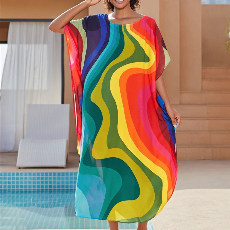 Ladies casual beach coat with artistic graphic pattern and generous cut Ivyshape
