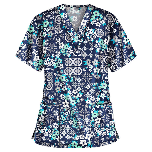 Women Flower Pattern Scrub Top Ivyshape
