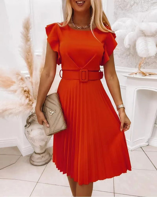 Women's Pleated Cocktail Dress with Ruffle Details and Waist Belt Ivyshape