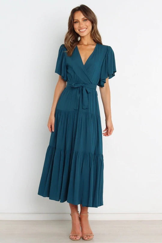 Women's Wrap Maxi Dress with Voluminous Sleeves and Ruffle Details Ivyshape