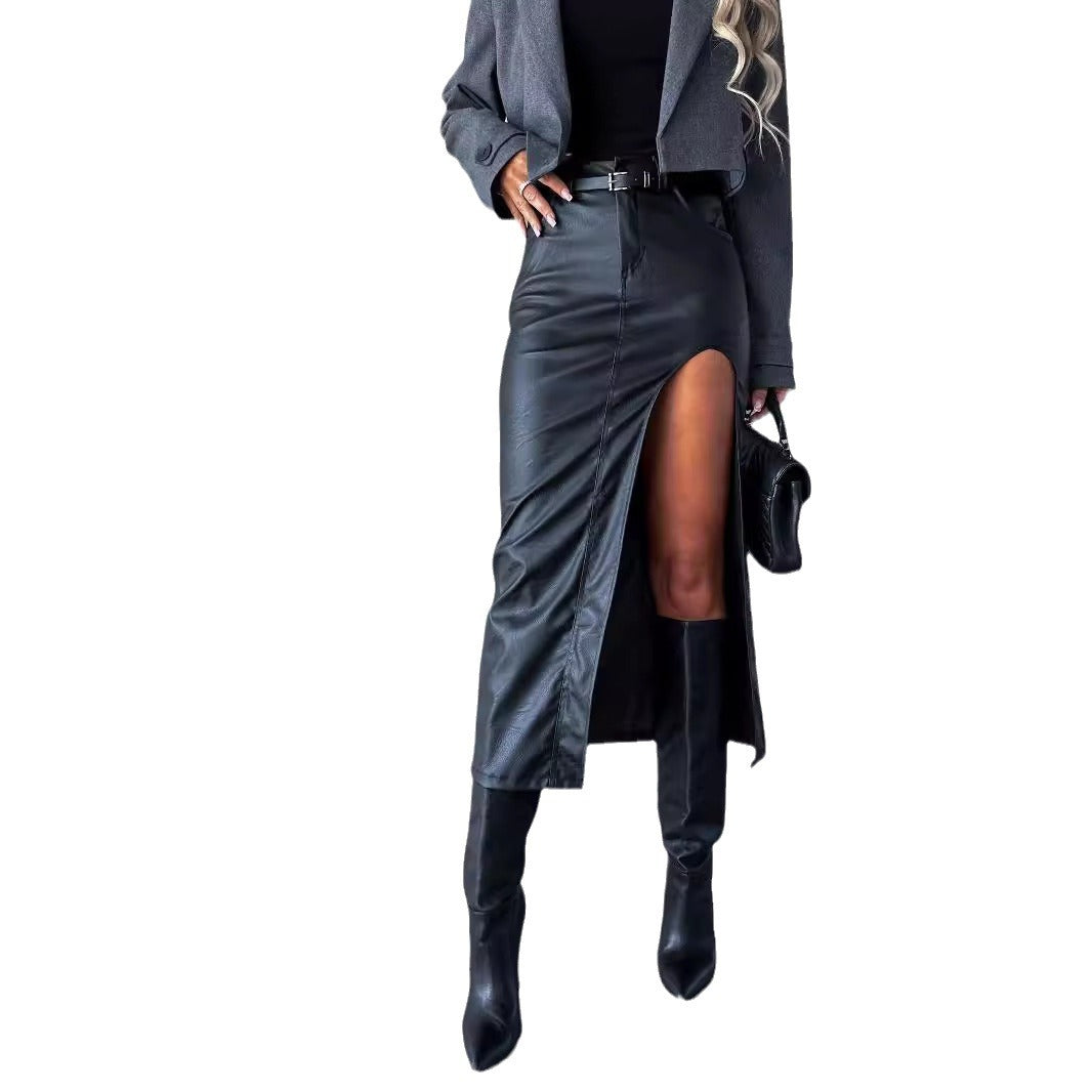 Ladies High-Slit Leather Midi Skirt Ivyshape