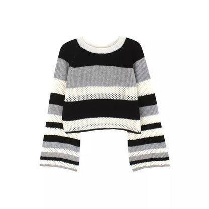 Women's Casual Cropped Knit Sweater with Mesh Design and Striped Pattern Ivyshape