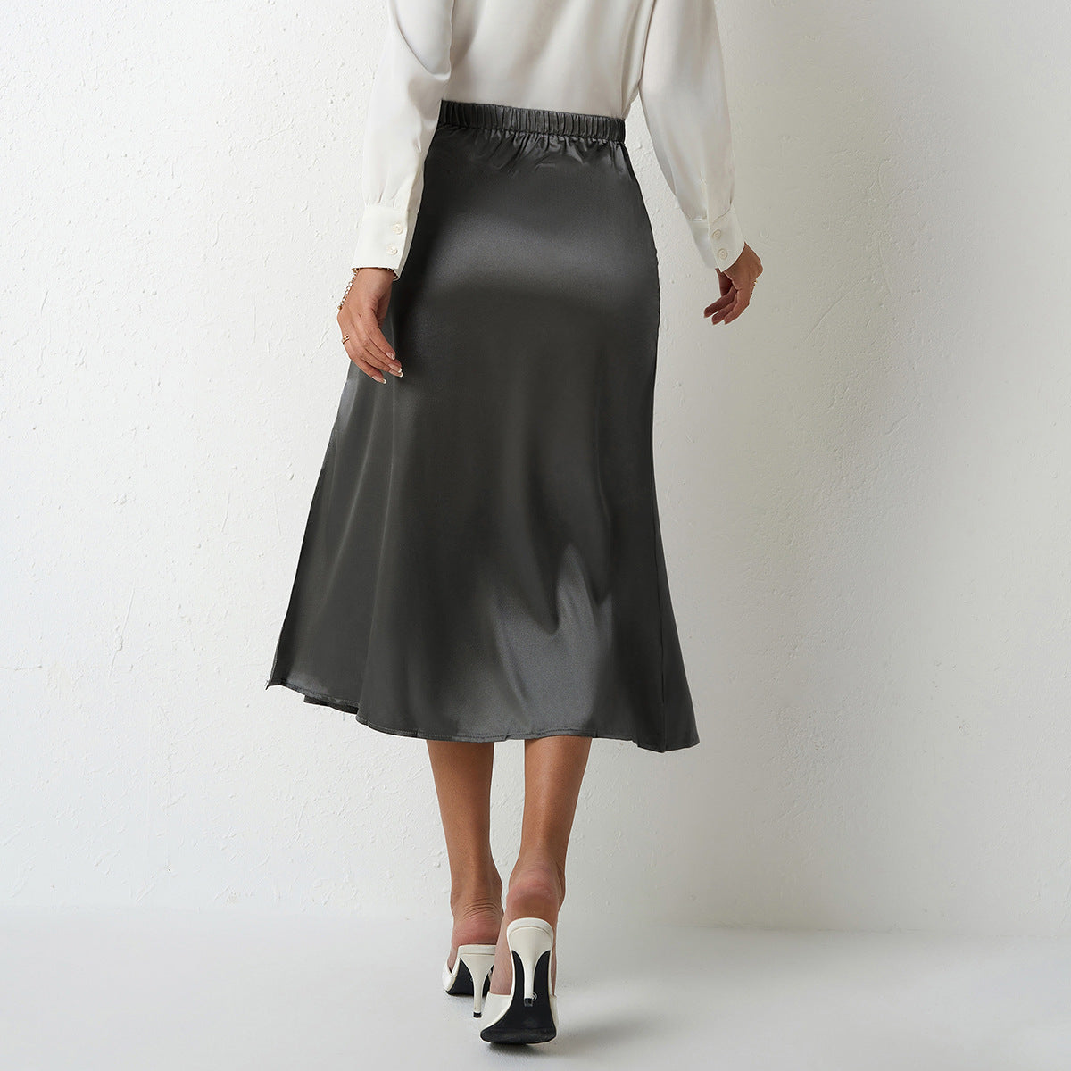 Women's Flowing Midi Skirt with Flared Hem and High Waist Ivyshape