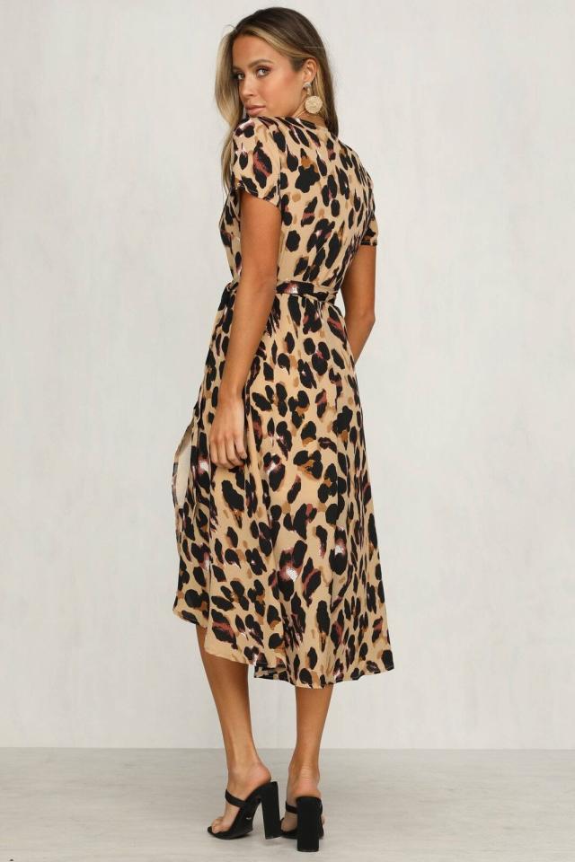 Women's wrap dress with fashionable leopard print and asymmetric hem Ivyshape