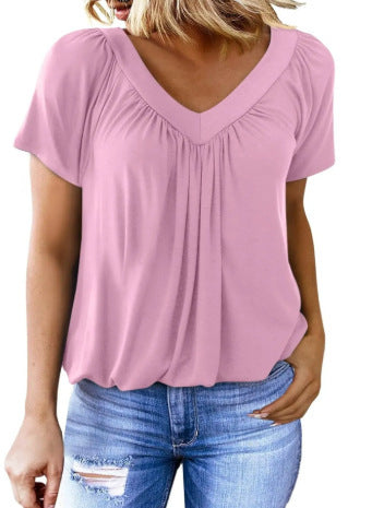 Women Pleated V-Neck Casual Top Ivyshape