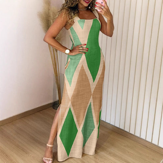 Ladies Maxi Dress with Modern Diamond Pattern and Side Slit Ivyshape