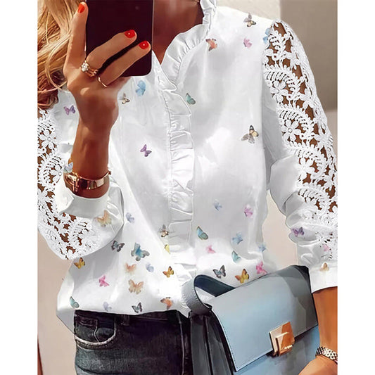 Ladies elegant blouse with lace sleeves and butterfly detail Ivyshape