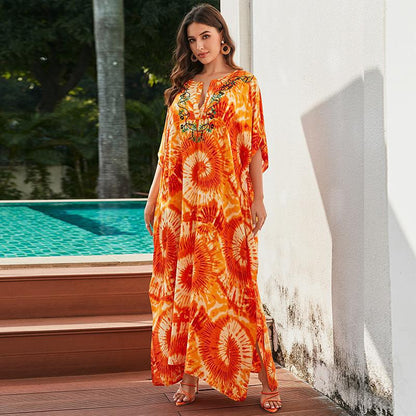 Women’s kaftan with handcrafted tie-dye pattern and elegant embroidery Ivyshape