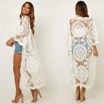 Women's crochet kimono made of fine lace with voluminous sleeves Ivyshape