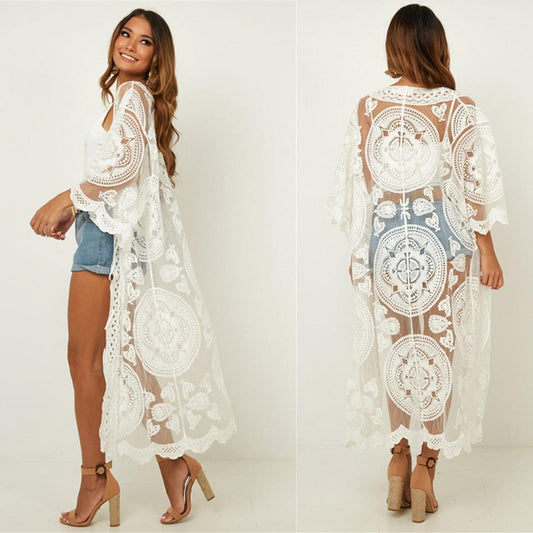 Women's crochet kimono made of fine lace with voluminous sleeves Ivyshape