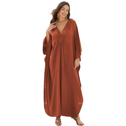 Women's bright summer maxidress with elegant V-neck and flowing silhouette Ivyshape